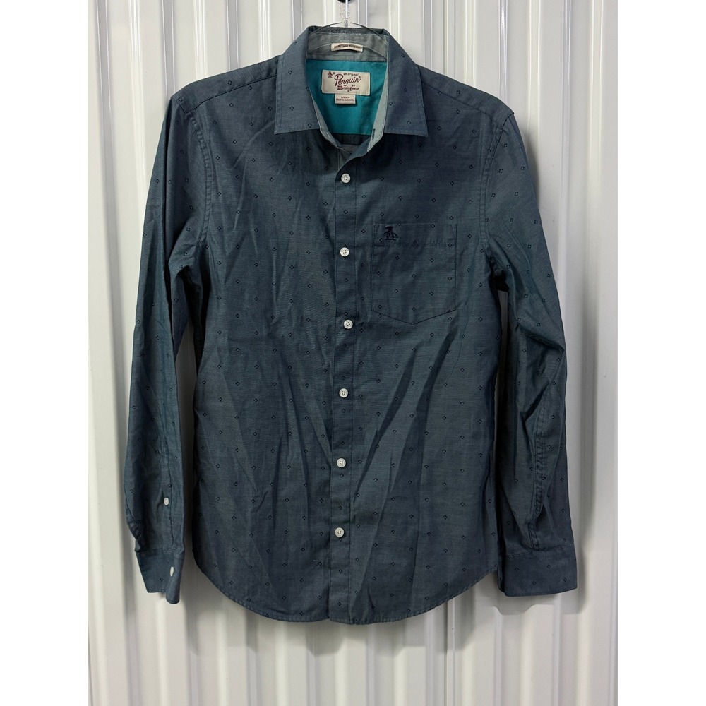Original Penguin Button Down Shirt Mens Small Blue Excellent Slim Fit Diamond